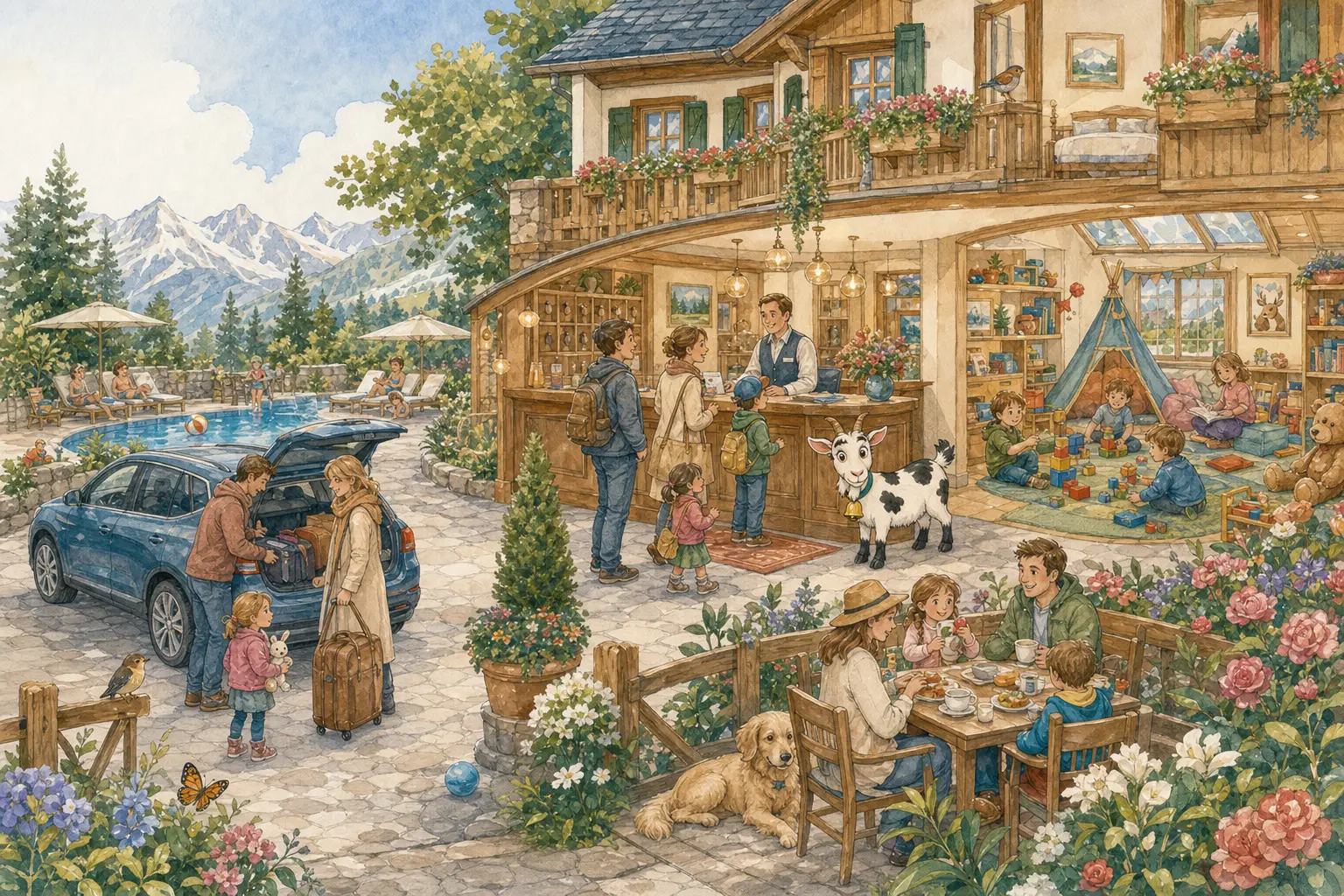 Aquarellillustration einer lebendigen Familienhotel-Welt mit Familien, Pool, Garten und Maskottchen