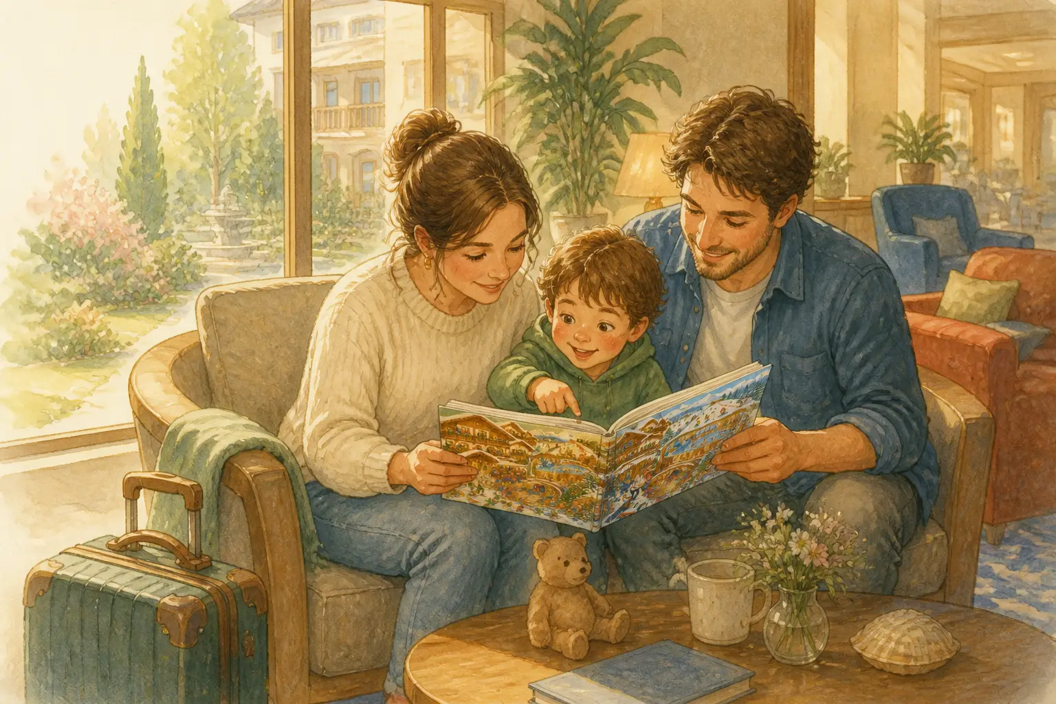 Aquarellillustration einer Familie, die gemeinsam in einer warmen Hotellounge ein Kinderbuch liest