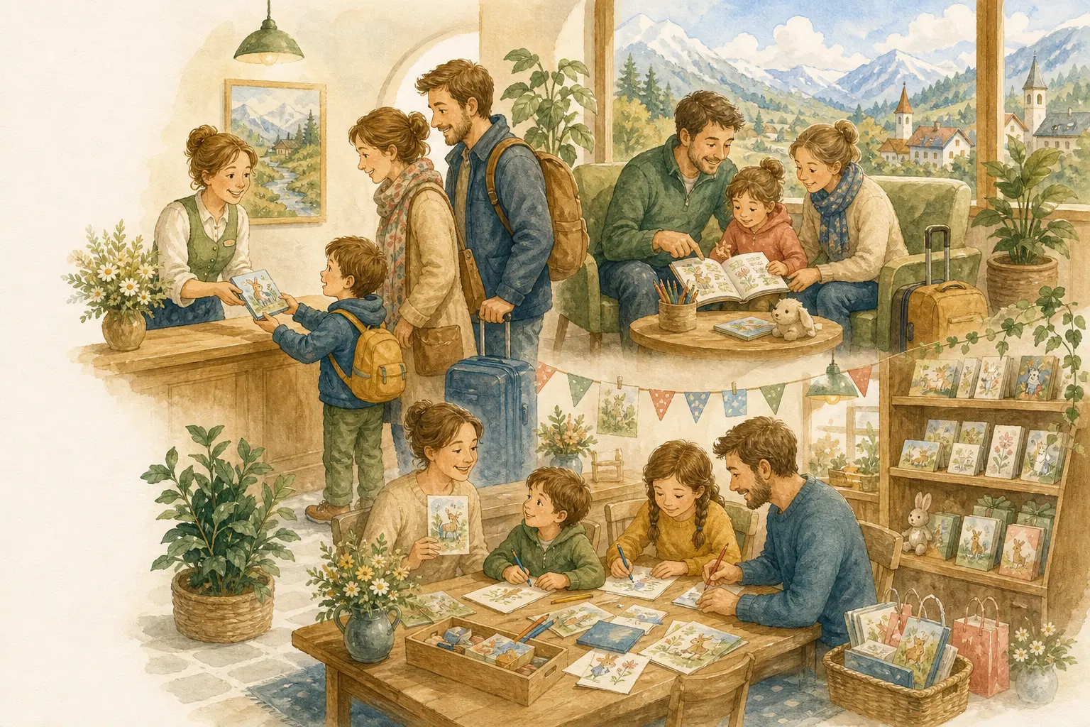 Aquarellszene mit einem Kinderbuch als Willkommensgeschenk, Reisebeschäftigung, Eventmaterial und Shop-Produkt