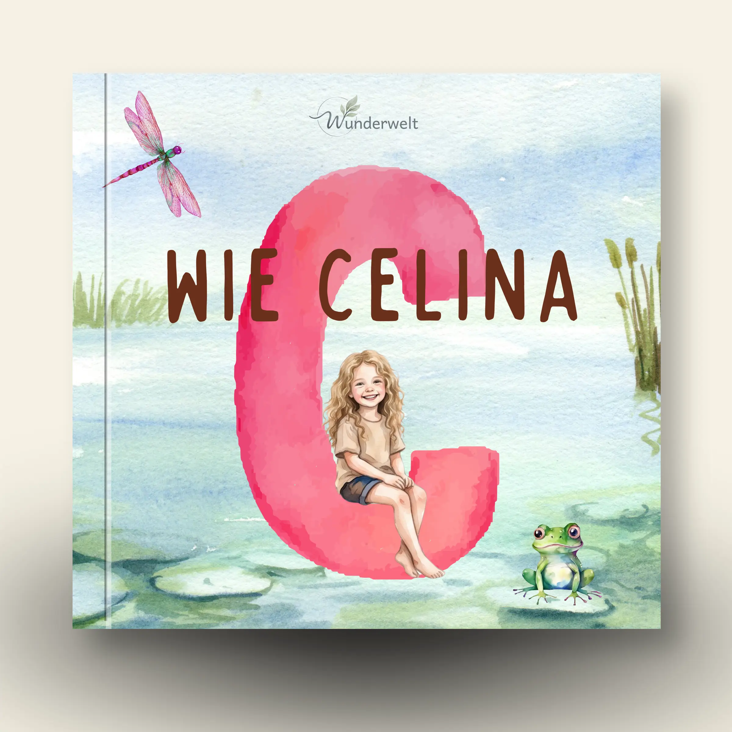 Cover des personalisierten Kinderbuchs WIE CELINA mit einem Mädchen auf einer pinken Muschel.
