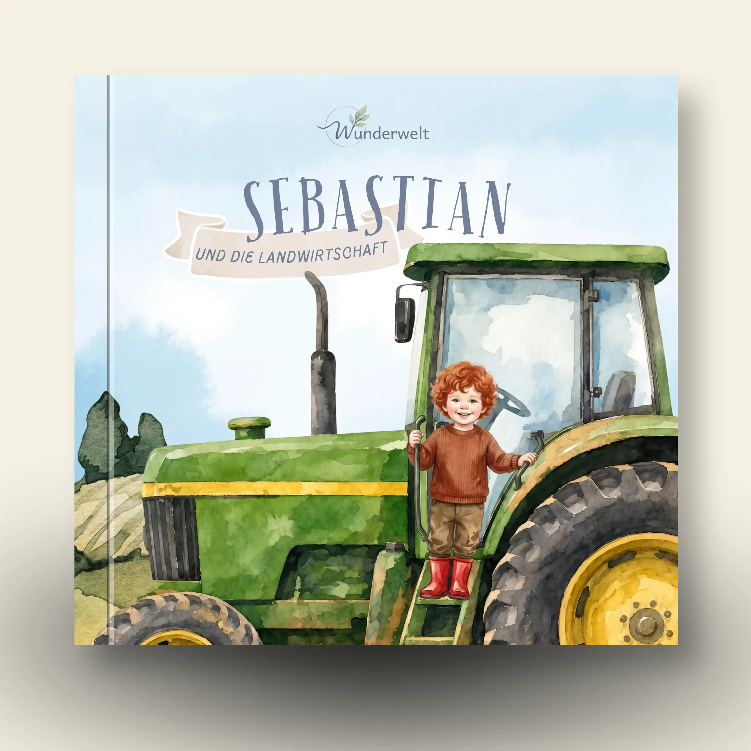 Cover des personalisierten Kinderbuchs SEBASTIAN UND DIE LANDWIRTSCHAFT mit einem Kind auf einem Traktor.
