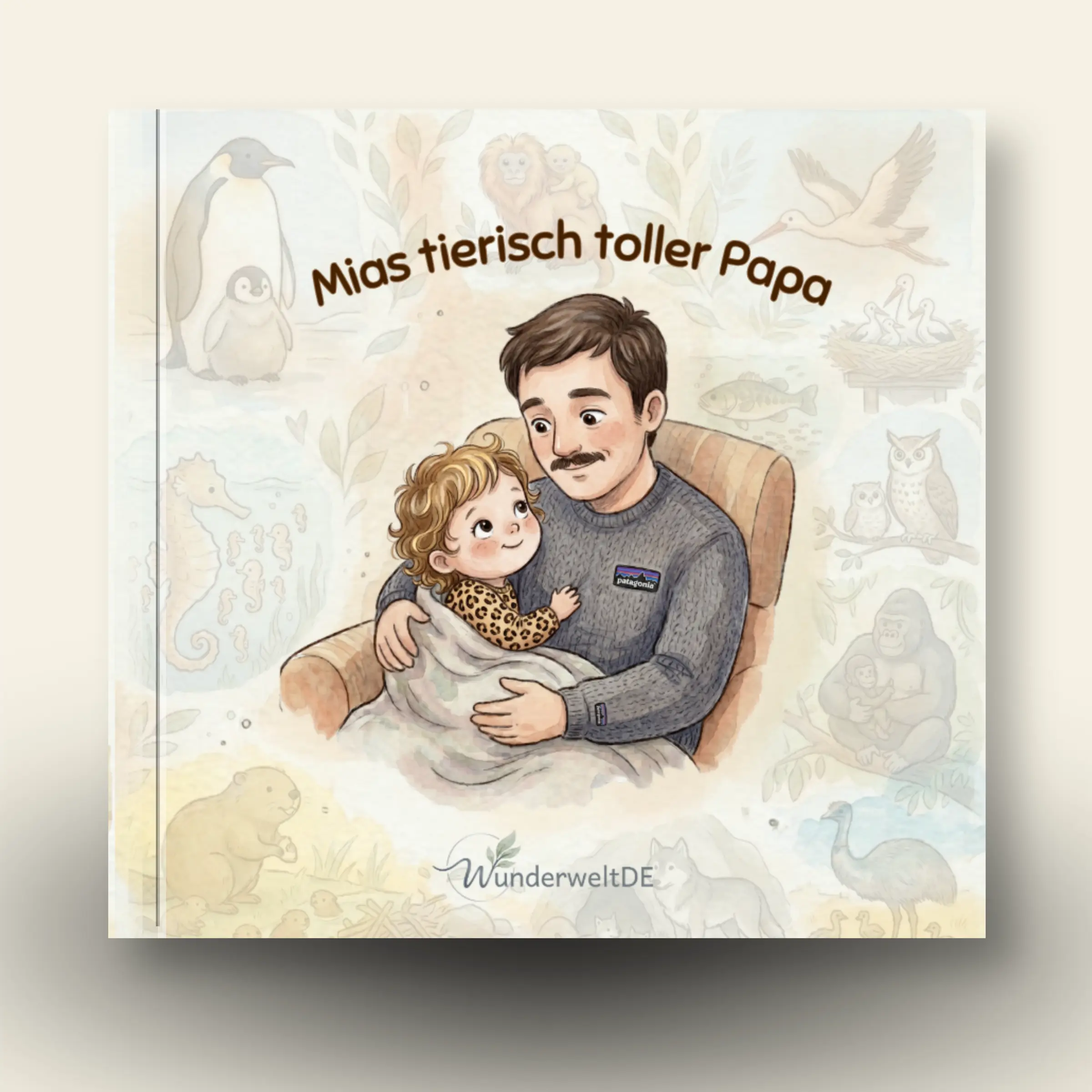 Cover des personalisierten Kinderbuchs MIAS TIERISCH TOLLER PAPA mit einem Papa und seinem Kind.