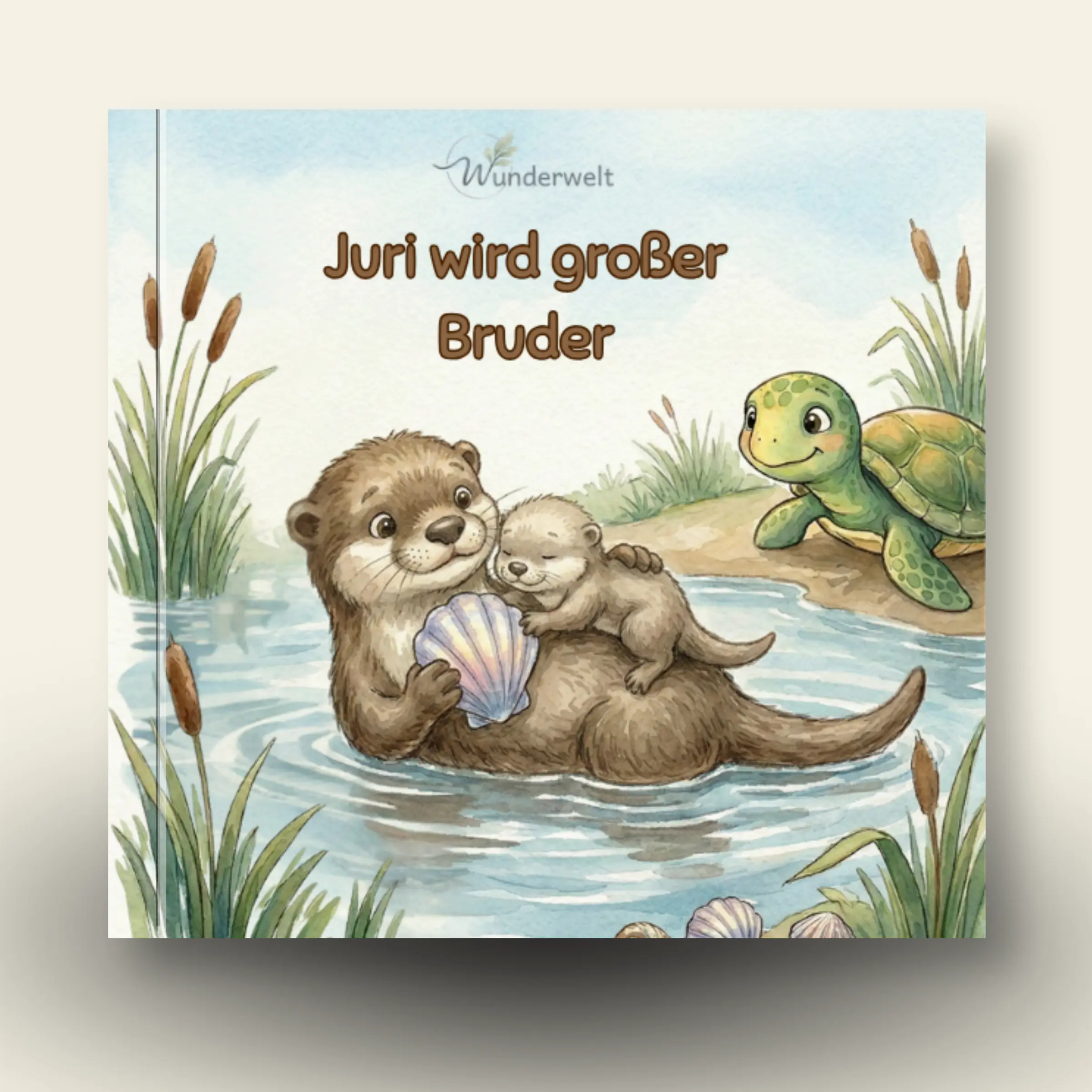 Cover des personalisierten Kinderbuchs JURI WIRD GROSSER BRUDER mit Ottern und einer Schildkröte.