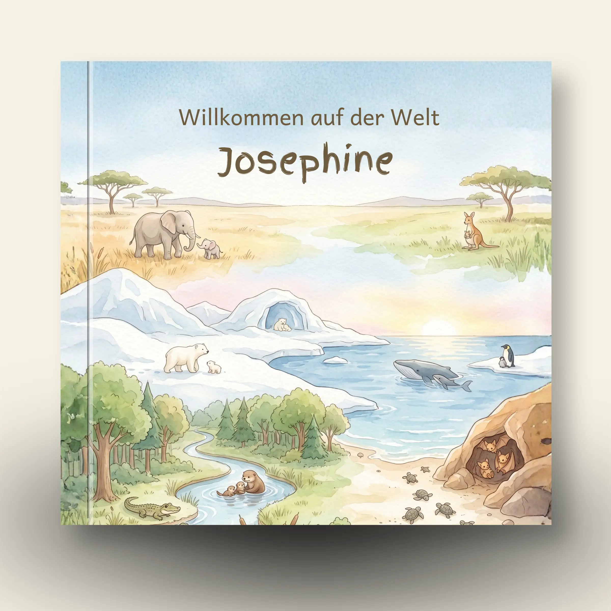 Cover des personalisierten Kinderbuchs WILLKOMMEN AUF DER WELT JOSEPHINE mit Tieren aus aller Welt.
