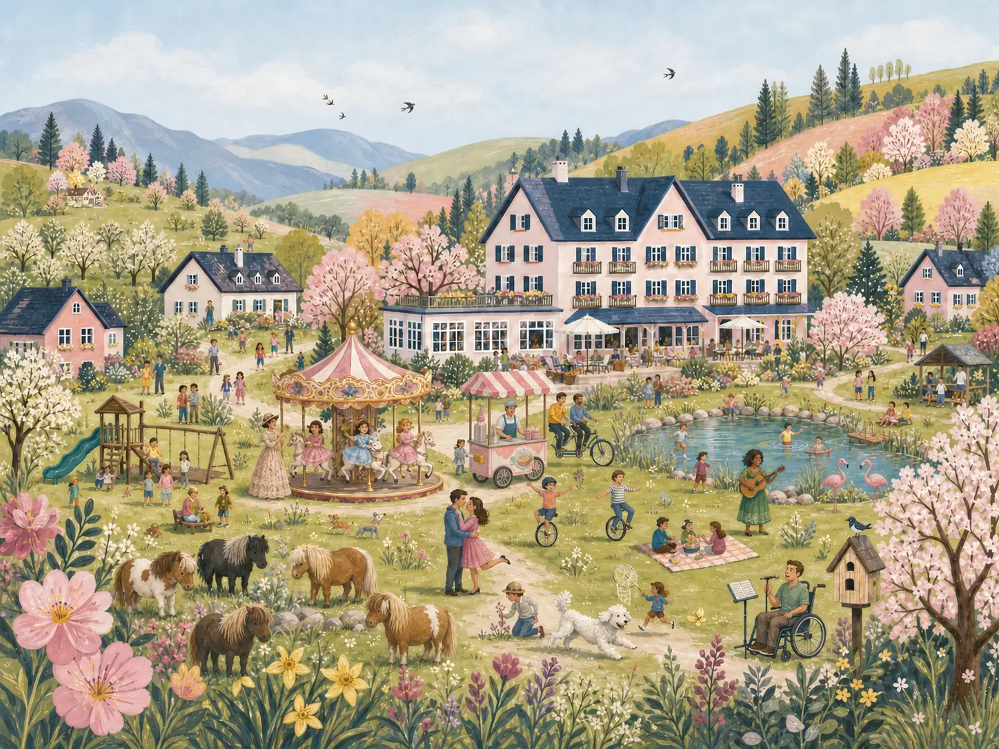 Detailreiche Familienhotel-Wimmelwelt mit vier Shetlandponys, Eiswagen, Karussell, Naturbadeteich und vielen Familien