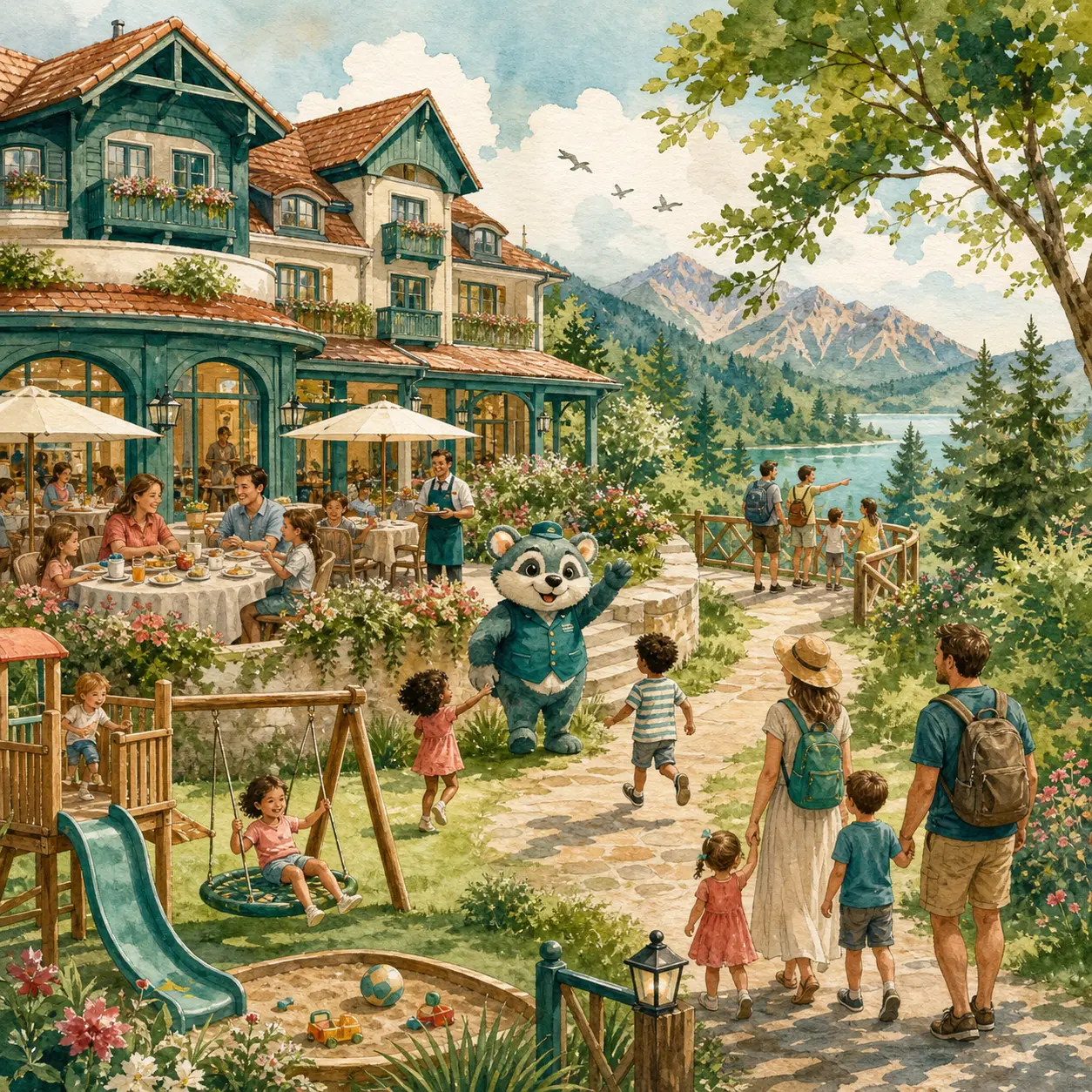 Textfreie hochwertige Kinderbuchszene mit Familienhotel, Frühstücksterrasse, Spielplatz, Maskottchen und Ausflugsweg