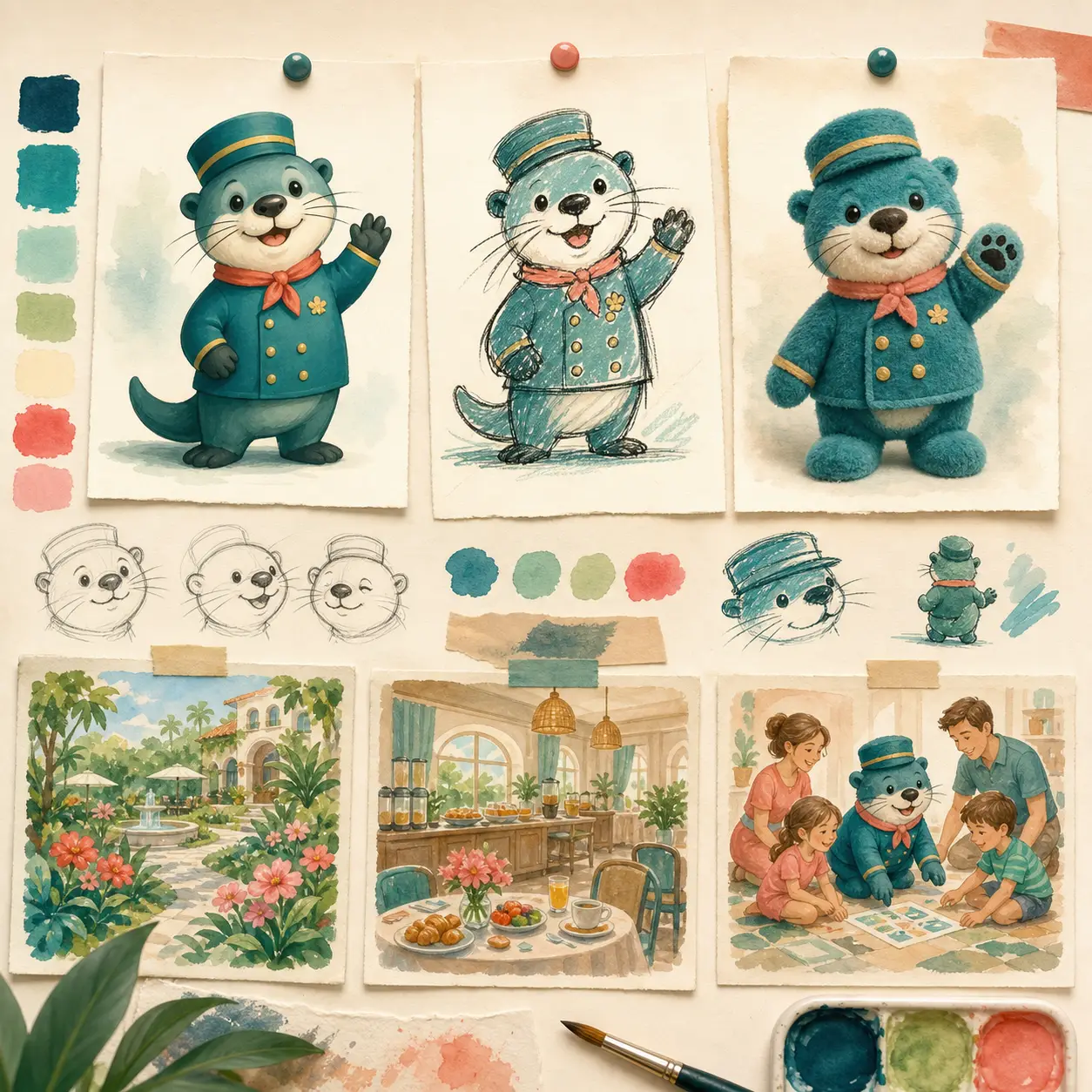 Textfreie Gouache-Studie mit mehreren Figurenvarianten, Stilproben und kleinen Hotelszenen