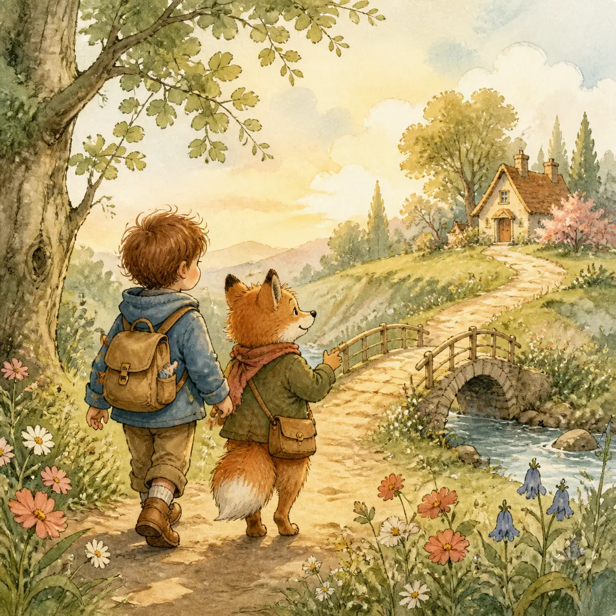 Illustration eines Kindes und eines freundlichen Fuchses auf einem Weg durch eine blühende Landschaft