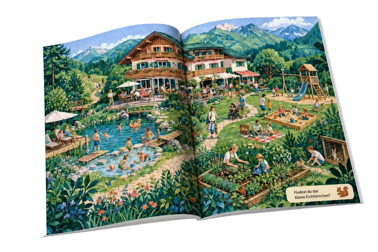 Geöffnetes Wimmelbuch mit einem Familienhotel in den Bergen, Pool, Spielplatz, Garten und einer Suchaufgabe